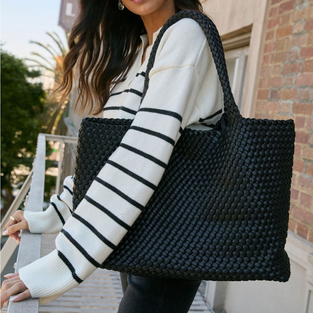 Elegant Black Vegan Leather Woven Tote Bag